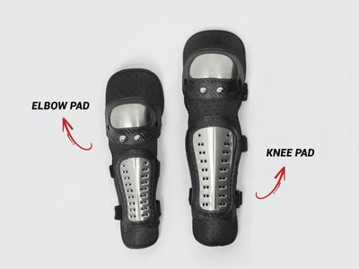 A pair of black protective pads, labeled as an elbow pad and a knee pad, shown from a top-down view on a light gray background with red arrows and text labels.